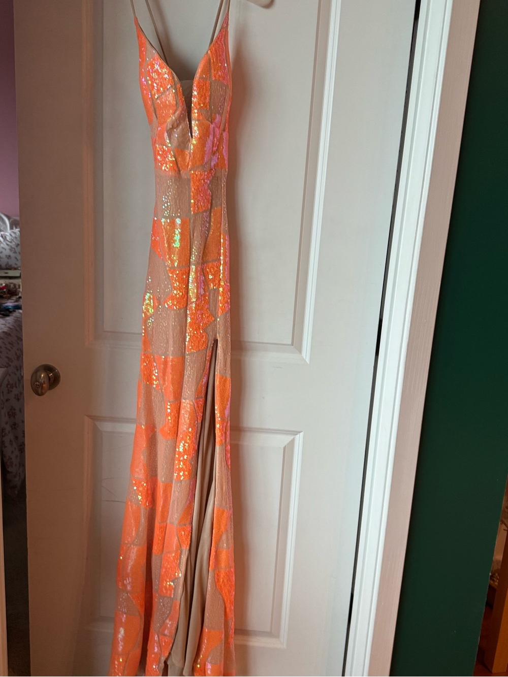 SHEIN Orange Sequin Patchwork Spaghetti Strap Gown